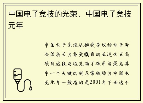中国电子竞技的光荣、中国电子竞技元年